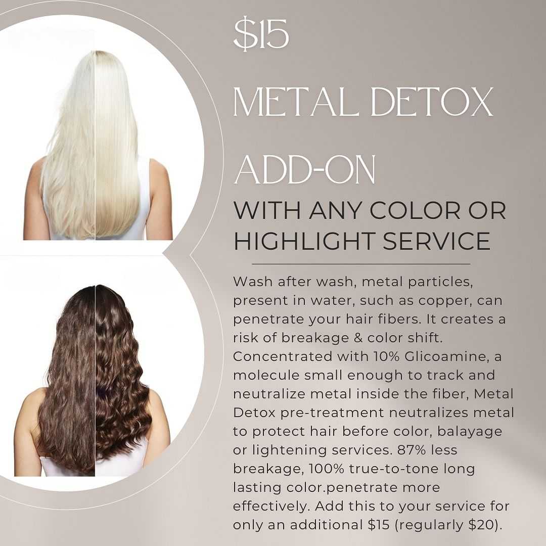 Metal Detox add-on: $15 with color/highlight; reduces breakage, enhances color longevity.