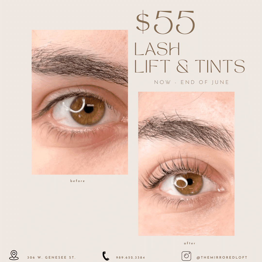 Lash lift and tints promotion: before and after close-up of eyes, $55 offer ending in June.
