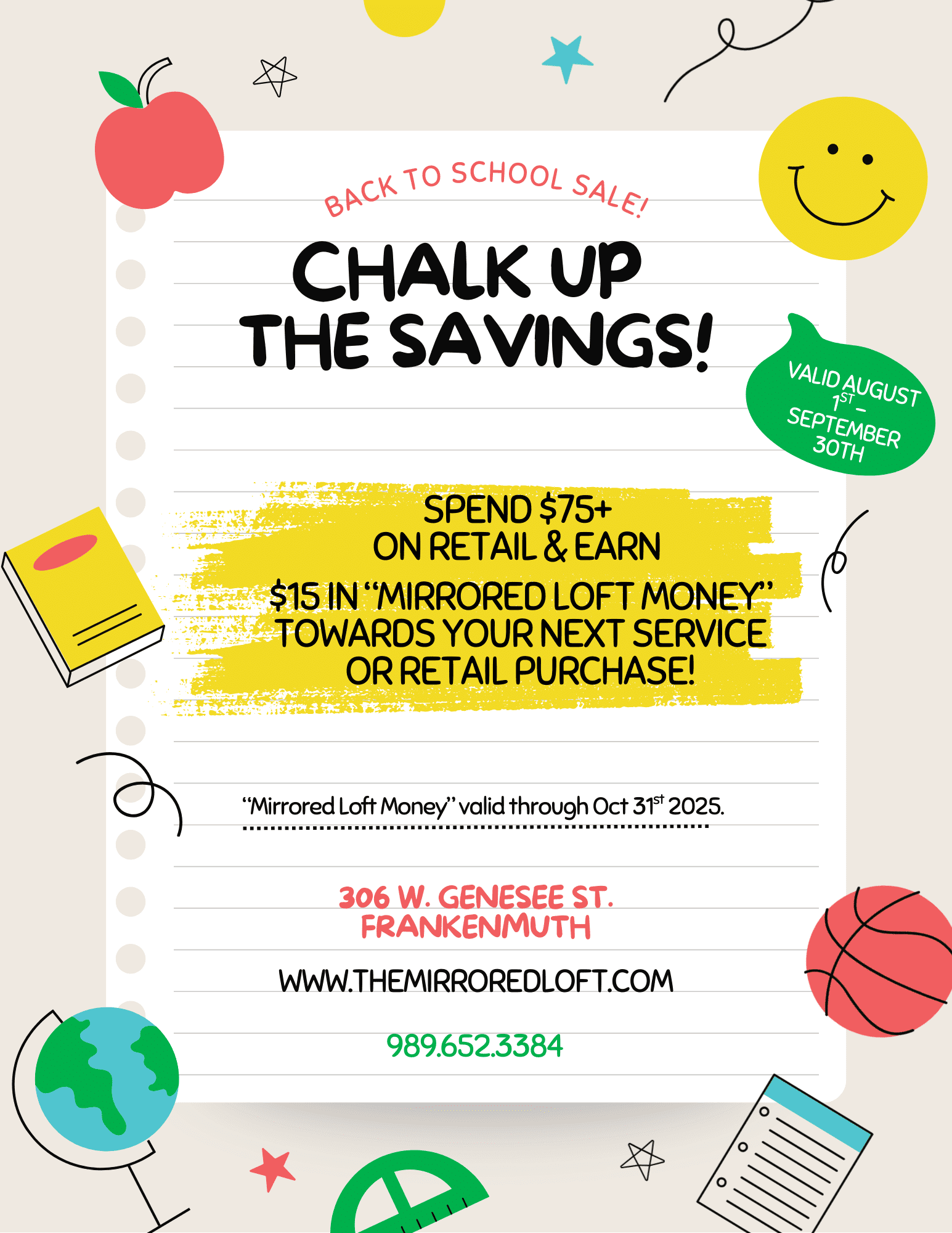 Back to School Sale: Spend $75, earn $15 for next service. Valid August-Sept 30.
