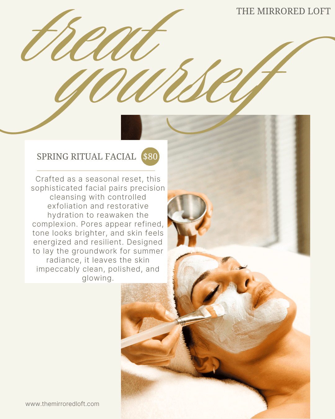 Sophisticated facial treatment for radiant, glowing skin; see details at The Mirrored Loft.